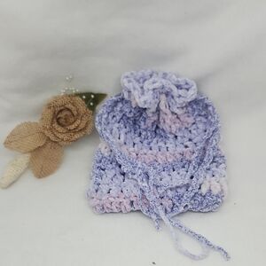 Handmade Lilac and Pink Drawstring Crochet Pouch Soft Lightweight